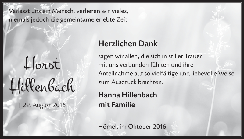  Traueranzeige für Horst Hillenbach vom 26.10.2016 aus  Lokalanzeiger 