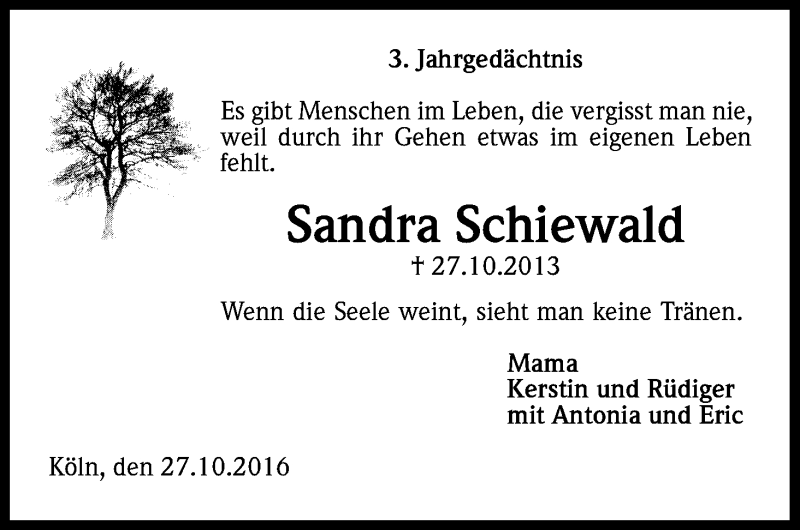  Traueranzeige für Sandra Schiewald vom 29.10.2016 aus Kölner Stadt-Anzeiger / Kölnische Rundschau / Express