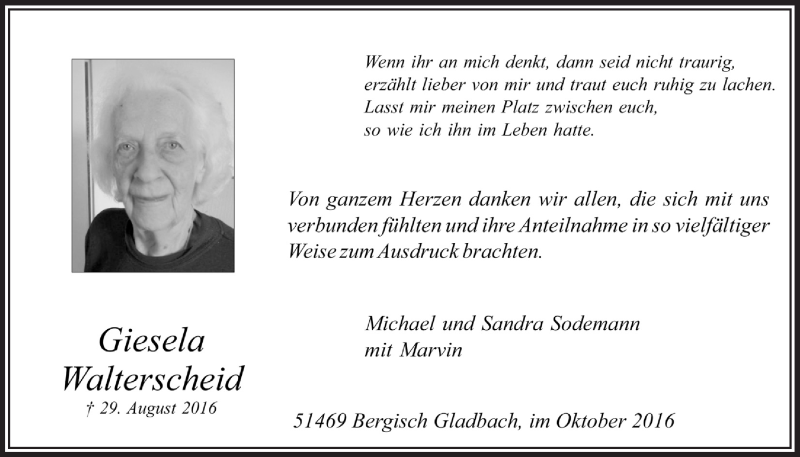  Traueranzeige für Giesela Walterscheid vom 26.10.2016 aus  Bergisches Handelsblatt 
