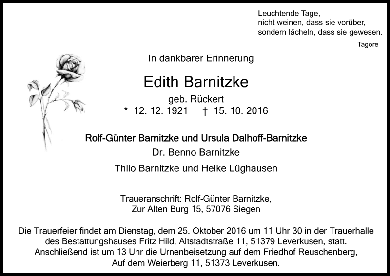  Traueranzeige für Edith Barnitzke vom 20.10.2016 aus Kölner Stadt-Anzeiger / Kölnische Rundschau / Express