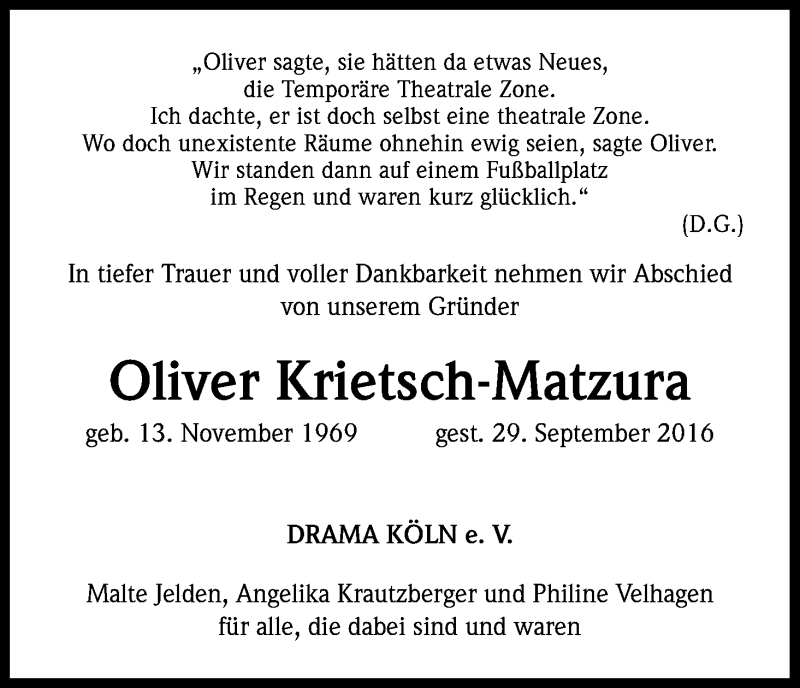  Traueranzeige für Oliver Krietsch-Matzura vom 07.10.2016 aus Kölner Stadt-Anzeiger / Kölnische Rundschau / Express