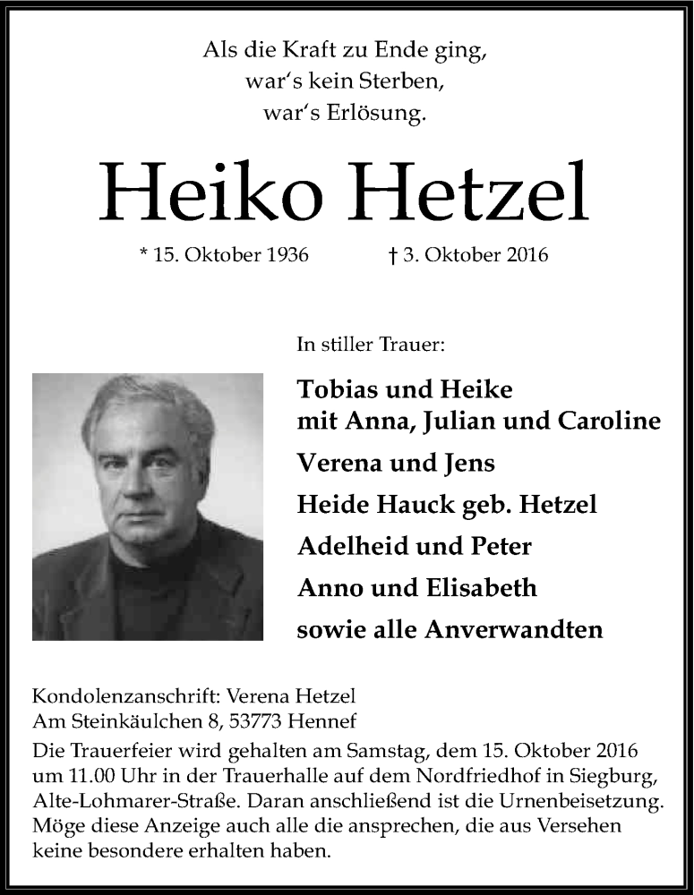  Traueranzeige für Heiko Hetzel vom 08.10.2016 aus Kölner Stadt-Anzeiger / Kölnische Rundschau / Express