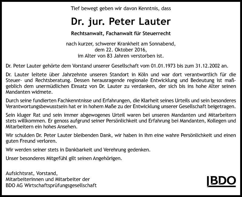  Traueranzeige für Peter Lauter vom 29.10.2016 aus Kölner Stadt-Anzeiger / Kölnische Rundschau / Express