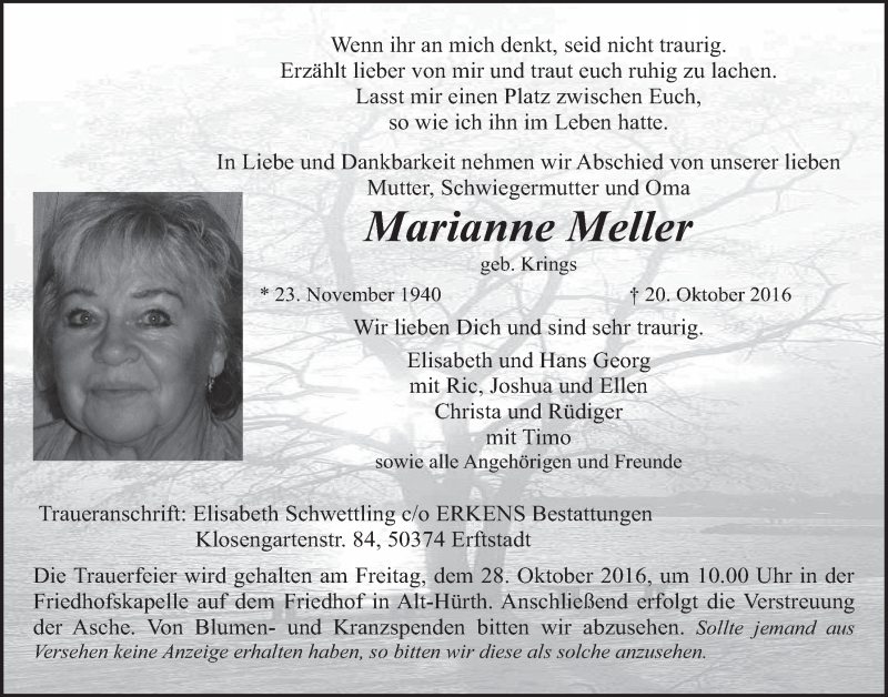  Traueranzeige für Marianne Meller vom 26.10.2016 aus  Werbepost 