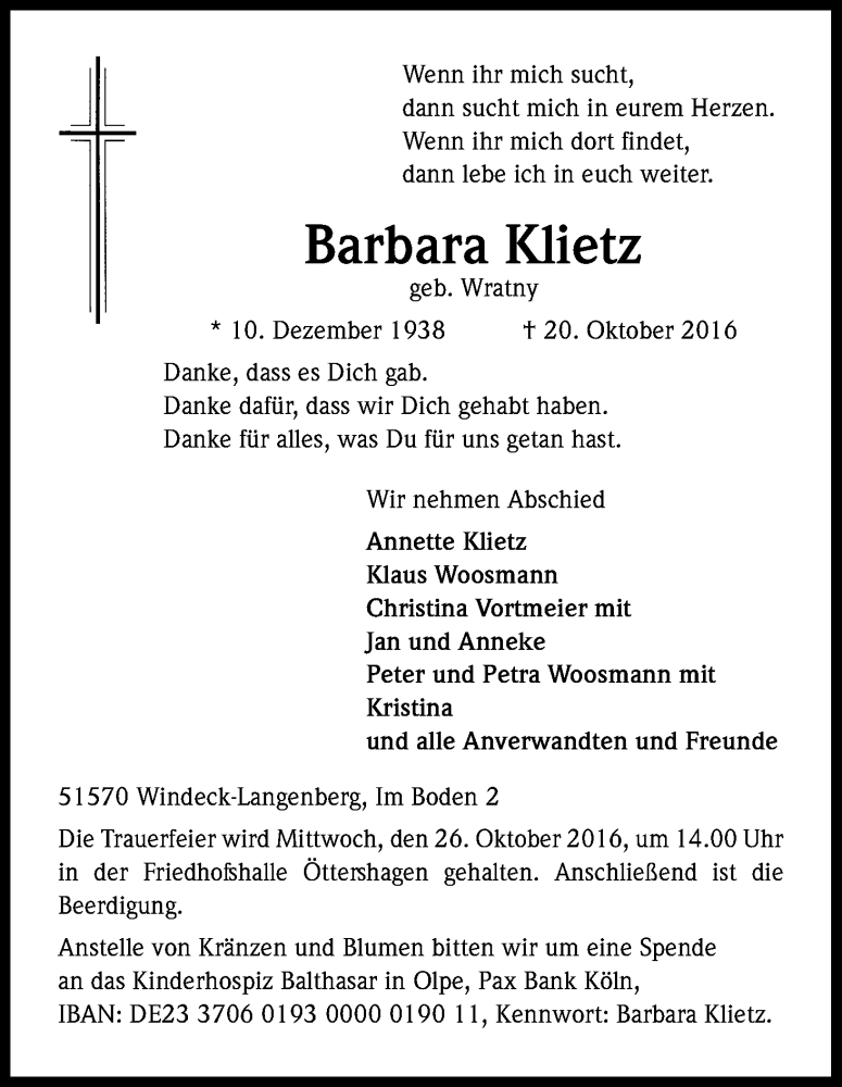  Traueranzeige für Barbara Klietz vom 22.10.2016 aus Kölner Stadt-Anzeiger / Kölnische Rundschau / Express