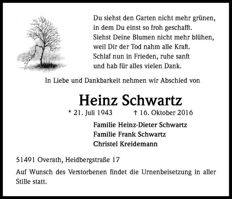  Traueranzeige für Heinz Schwartz vom 22.10.2016 aus Kölner Stadt-Anzeiger / Kölnische Rundschau / Express