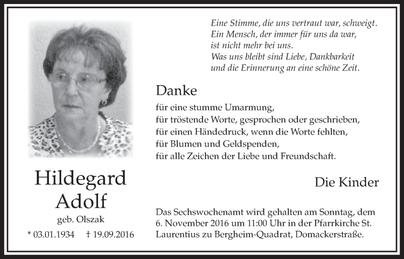  Traueranzeige für Hildegard Adolf vom 29.10.2016 aus  Sonntags-Post 