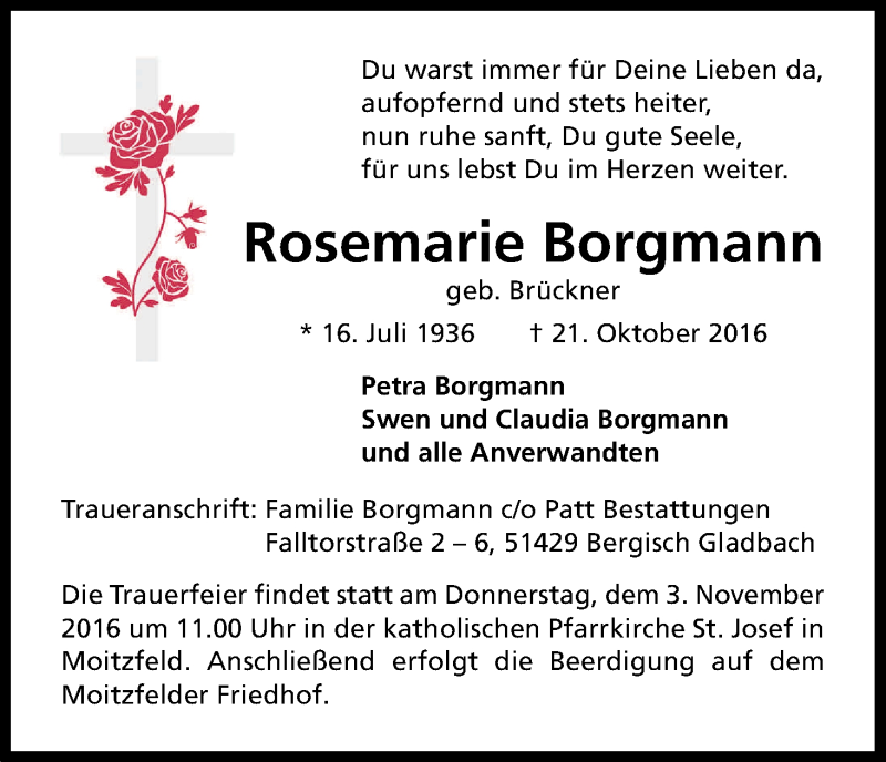  Traueranzeige für Rosemarie Borgmann vom 27.10.2016 aus Kölner Stadt-Anzeiger / Kölnische Rundschau / Express