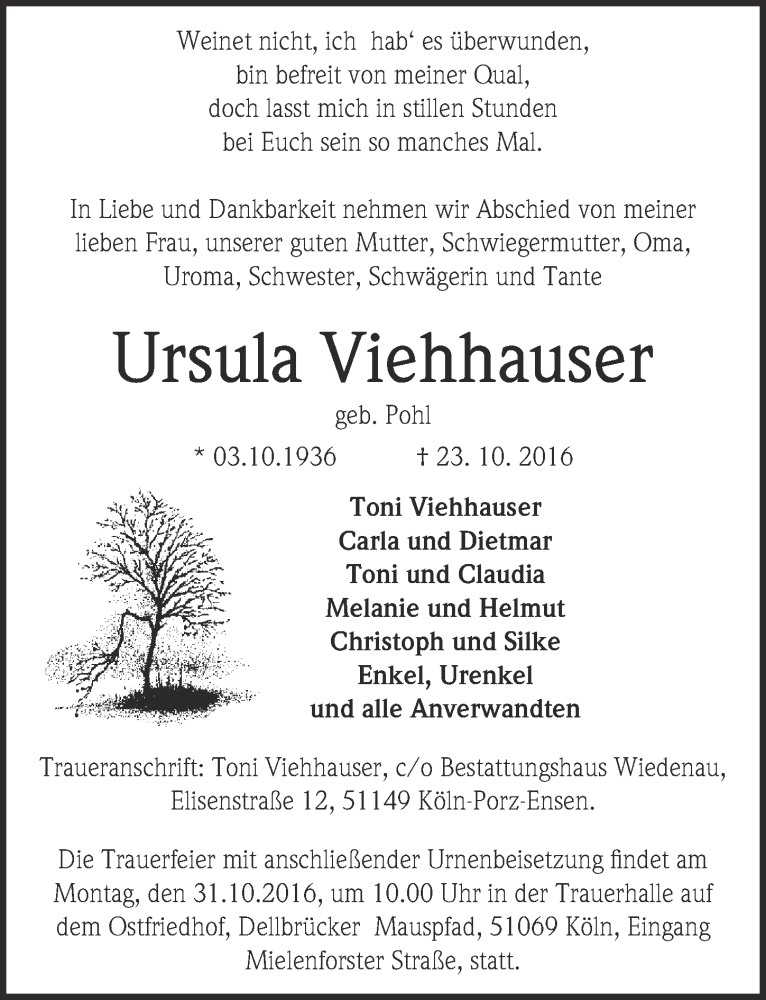  Traueranzeige für Ursula Viehhauser vom 26.10.2016 aus  Kölner Wochenspiegel 