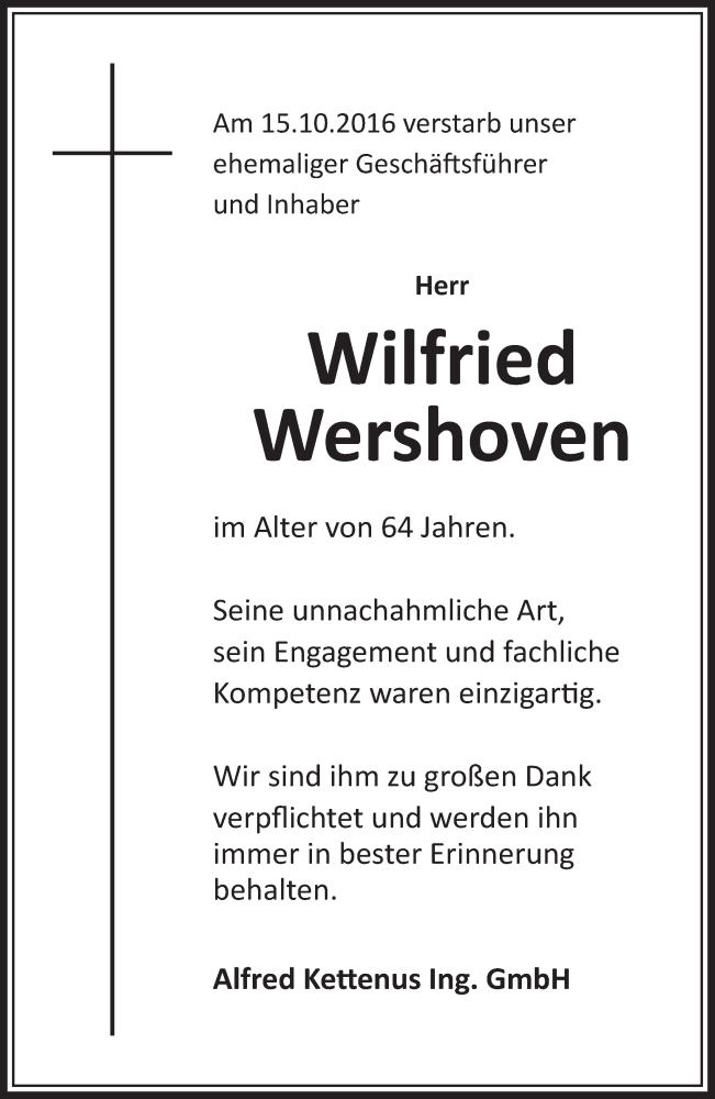  Traueranzeige für Wilfried Wershoven vom 29.10.2016 aus  Sonntags-Post 