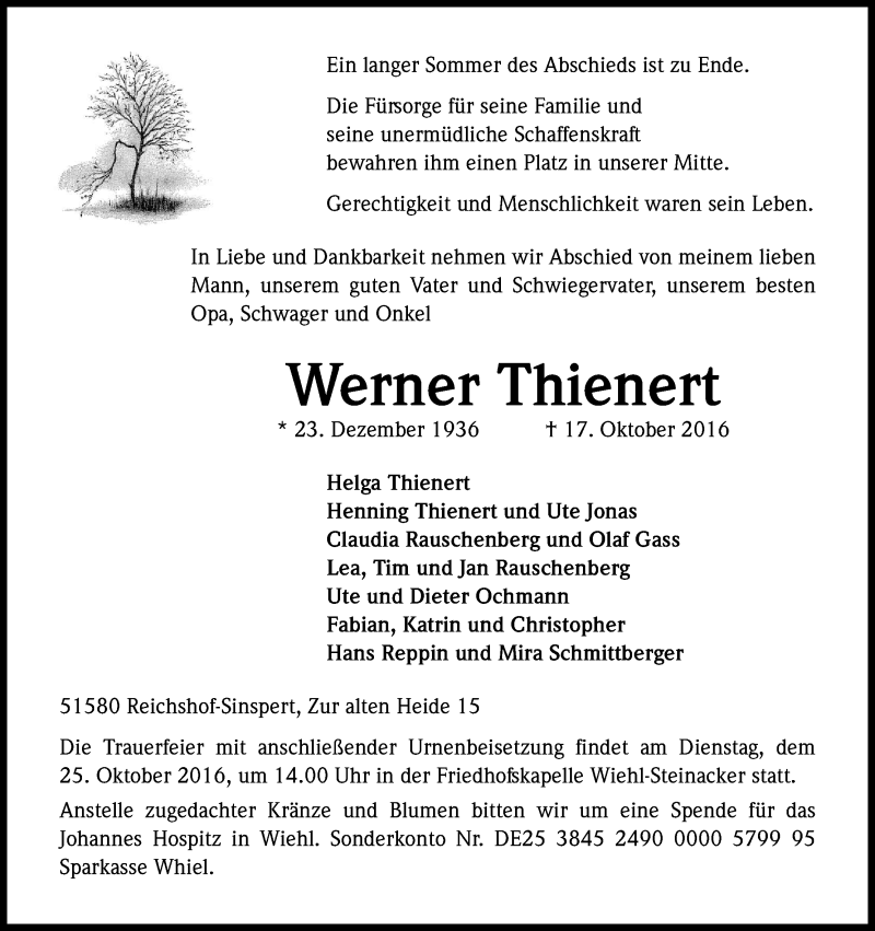  Traueranzeige für Werner Thienert vom 22.10.2016 aus Kölner Stadt-Anzeiger / Kölnische Rundschau / Express