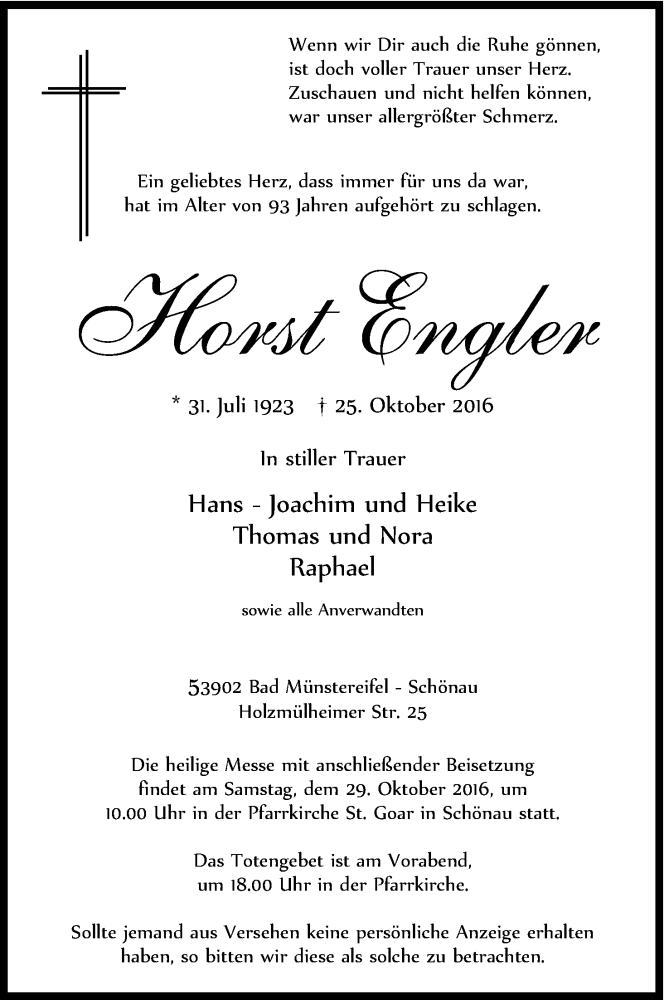  Traueranzeige für Horst Engler vom 27.10.2016 aus Kölner Stadt-Anzeiger / Kölnische Rundschau / Express