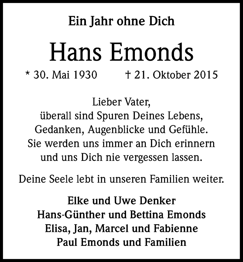  Traueranzeige für Hans Emonds vom 21.10.2016 aus Kölner Stadt-Anzeiger / Kölnische Rundschau / Express