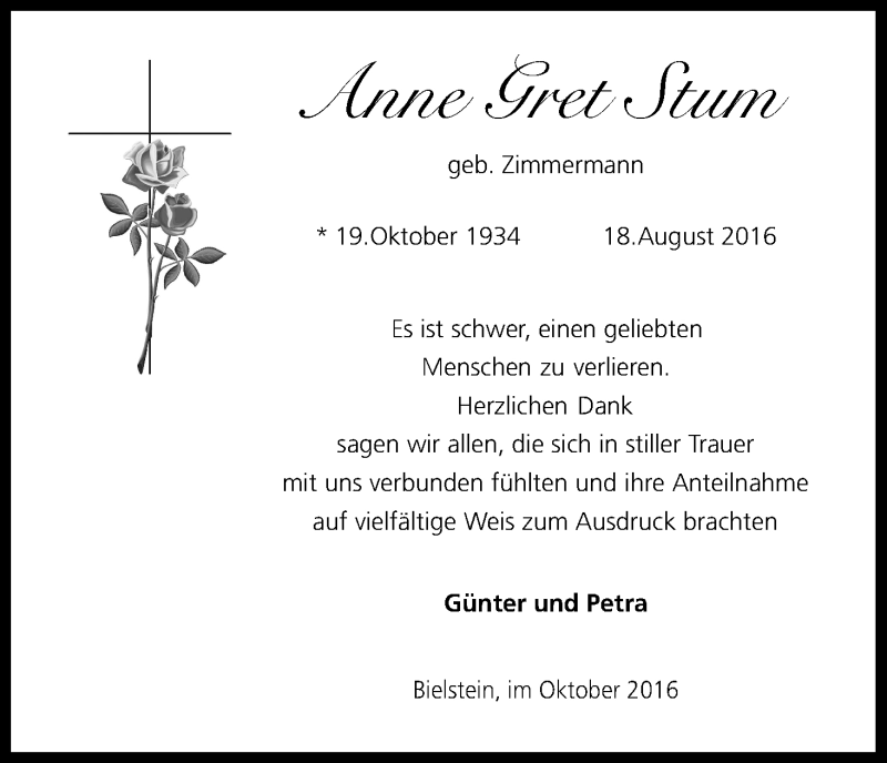  Traueranzeige für Anne Gret Stum vom 08.10.2016 aus Kölner Stadt-Anzeiger / Kölnische Rundschau / Express
