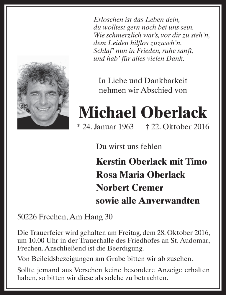  Traueranzeige für Michael Oberlack vom 26.10.2016 aus  Wochenende 