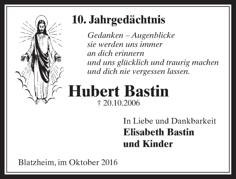  Traueranzeige für Hubert Bastin vom 19.10.2016 aus  Werbepost 