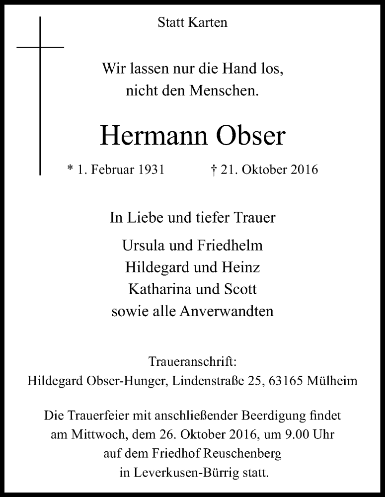  Traueranzeige für Hermann Obser vom 25.10.2016 aus Kölner Stadt-Anzeiger / Kölnische Rundschau / Express