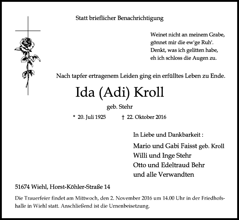  Traueranzeige für Ida Kroll vom 27.10.2016 aus Kölner Stadt-Anzeiger / Kölnische Rundschau / Express