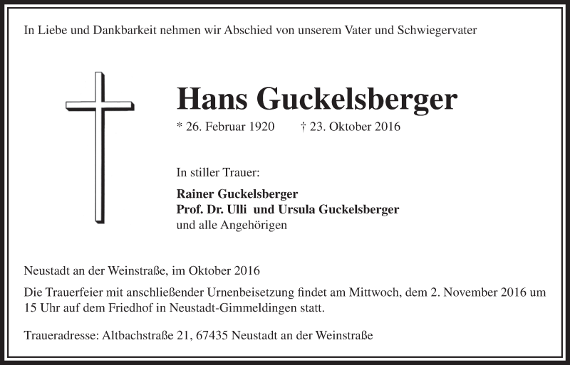  Traueranzeige für Hans Guckelsberger vom 29.10.2016 aus  Bergisches Sonntagsblatt 