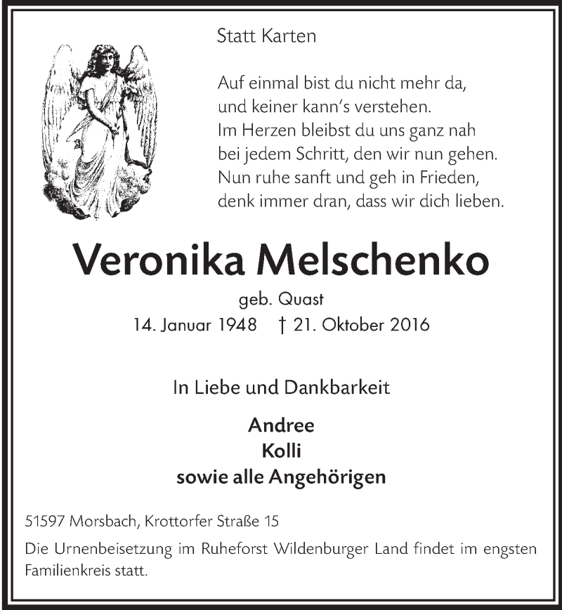  Traueranzeige für Veronika Melschenko vom 26.10.2016 aus  Lokalanzeiger 