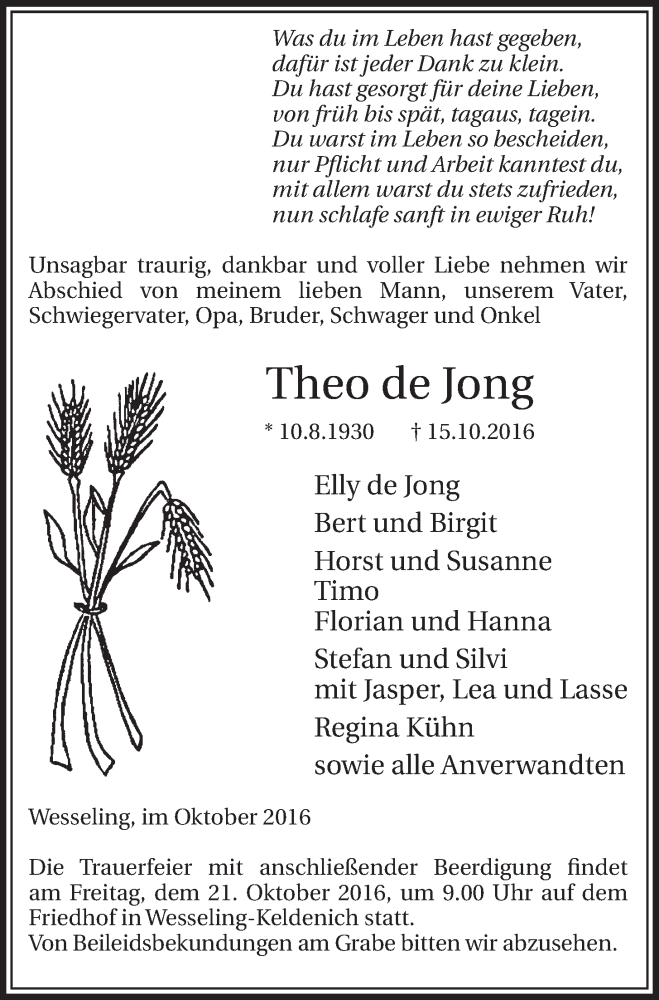  Traueranzeige für Theo de Jong vom 19.10.2016 aus  Schlossbote/Werbekurier 