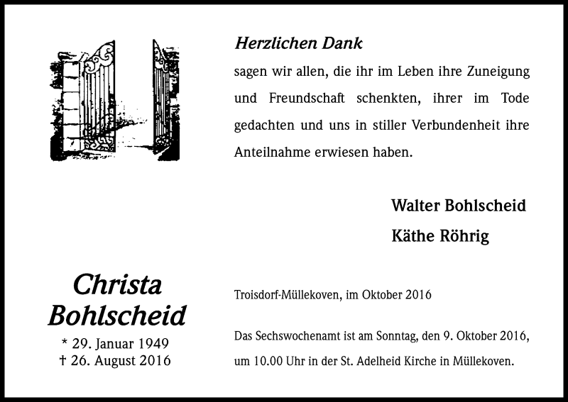  Traueranzeige für Christa Bohlscheid vom 05.10.2016 aus Kölner Stadt-Anzeiger / Kölnische Rundschau / Express