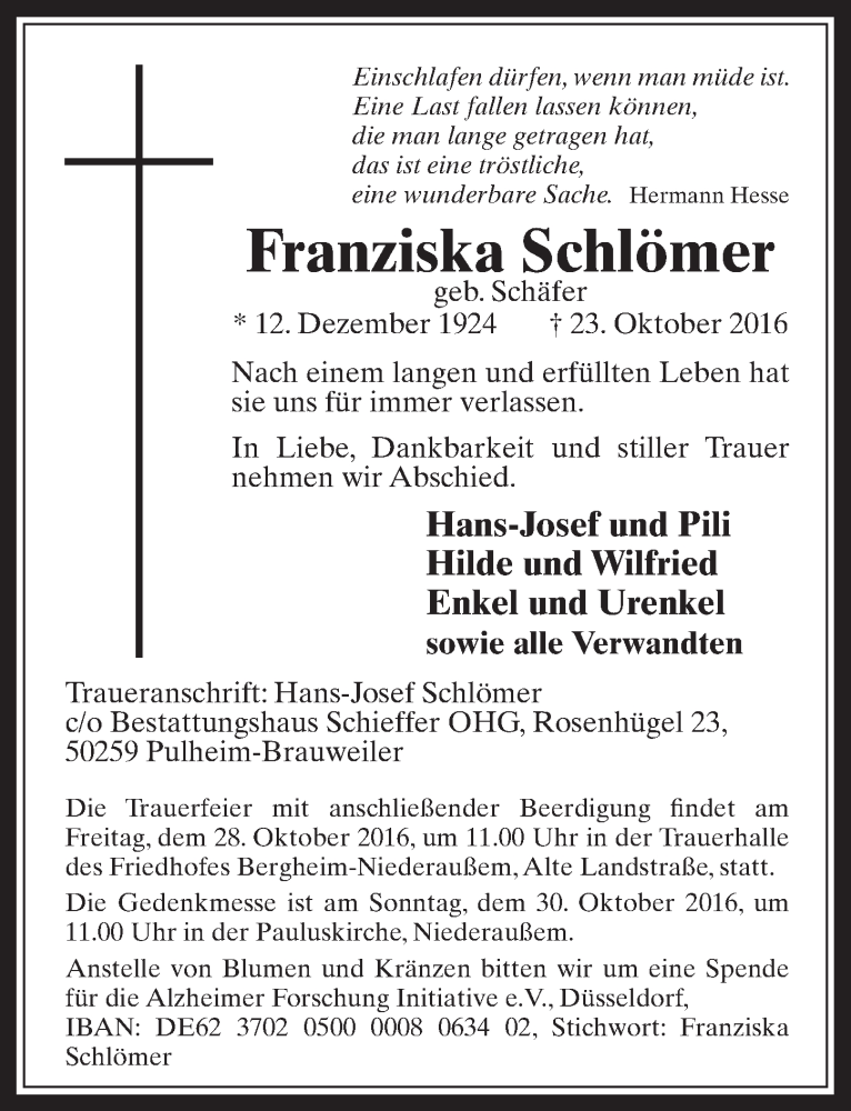  Traueranzeige für Franziska Schlömer vom 26.10.2016 aus  Werbepost 