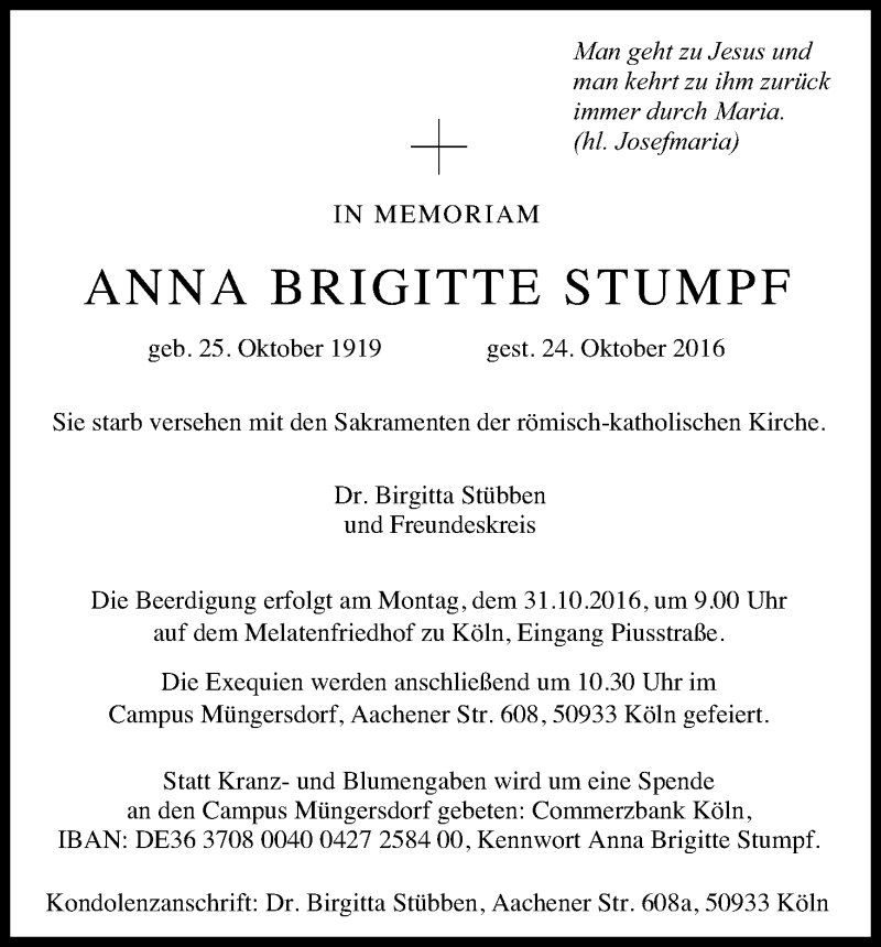  Traueranzeige für Anna Brigitte Stumpf vom 27.10.2016 aus Kölner Stadt-Anzeiger / Kölnische Rundschau / Express