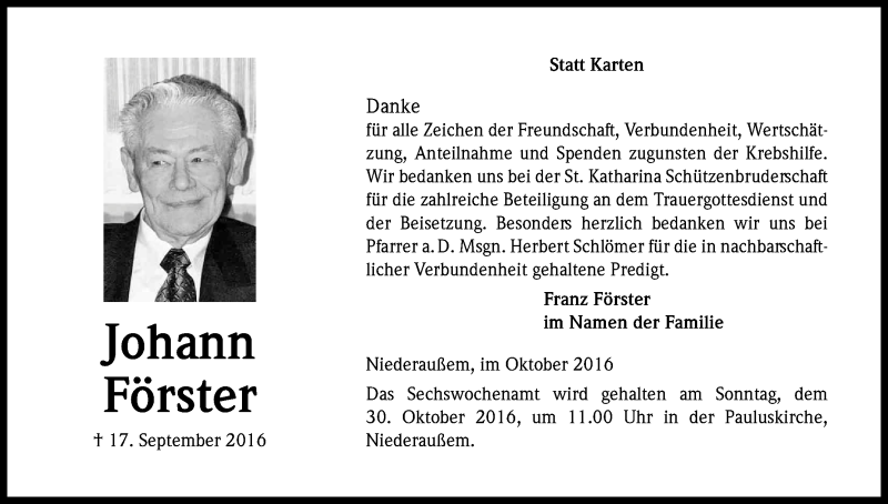  Traueranzeige für Johann Förster vom 26.10.2016 aus Kölner Stadt-Anzeiger / Kölnische Rundschau / Express