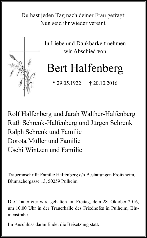  Traueranzeige für Bert Halfenberg vom 26.10.2016 aus Kölner Stadt-Anzeiger / Kölnische Rundschau / Express