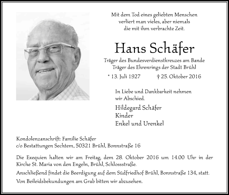  Traueranzeige für Hans Schäfer vom 27.10.2016 aus Kölner Stadt-Anzeiger / Kölnische Rundschau / Express