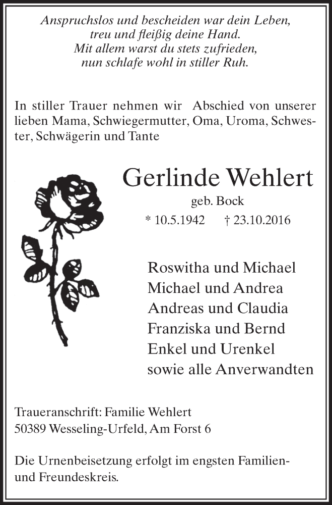  Traueranzeige für Gerlinde Wehlert vom 26.10.2016 aus  Schlossbote/Werbekurier 