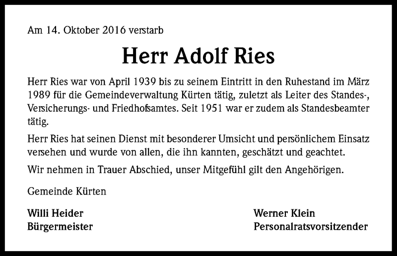  Traueranzeige für Adolf Ries vom 19.10.2016 aus Kölner Stadt-Anzeiger / Kölnische Rundschau / Express