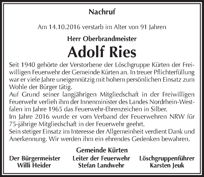 Traueranzeige für Adolf Ries vom 19.10.2016 aus  Bergisches Handelsblatt 