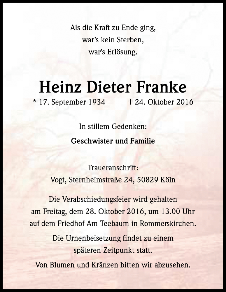  Traueranzeige für Heinz Dieter Franke vom 27.10.2016 aus Köln - Wir Trauern