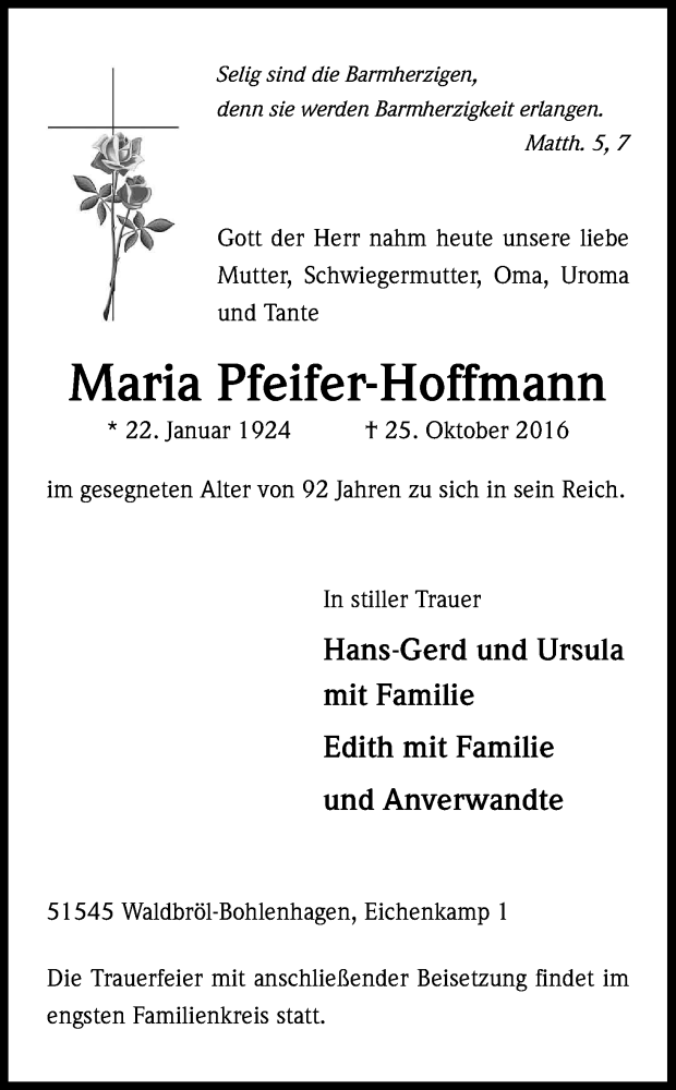  Traueranzeige für Maria Pfeifer-Hoffmann vom 27.10.2016 aus Kölner Stadt-Anzeiger / Kölnische Rundschau / Express