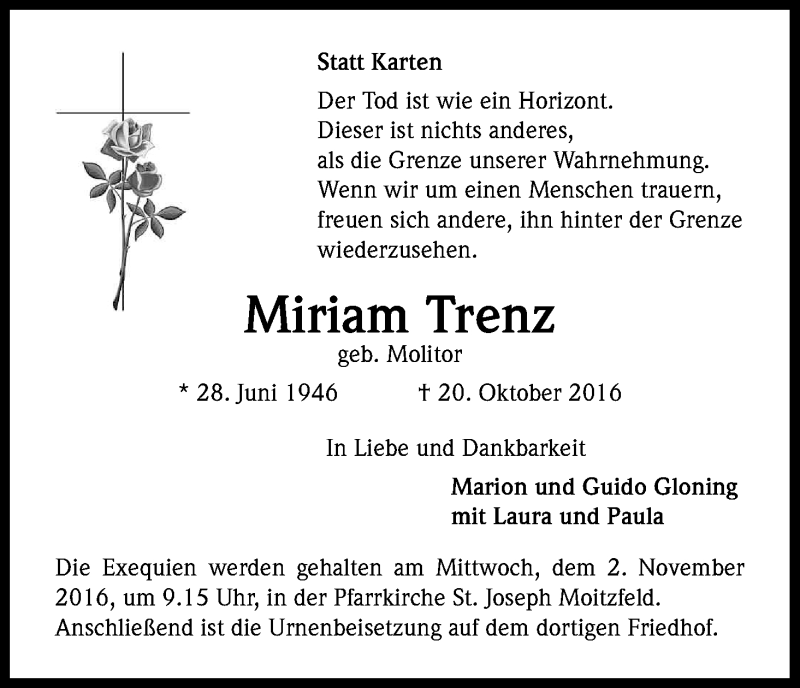  Traueranzeige für Miriam Trenz vom 27.10.2016 aus Kölner Stadt-Anzeiger / Kölnische Rundschau / Express