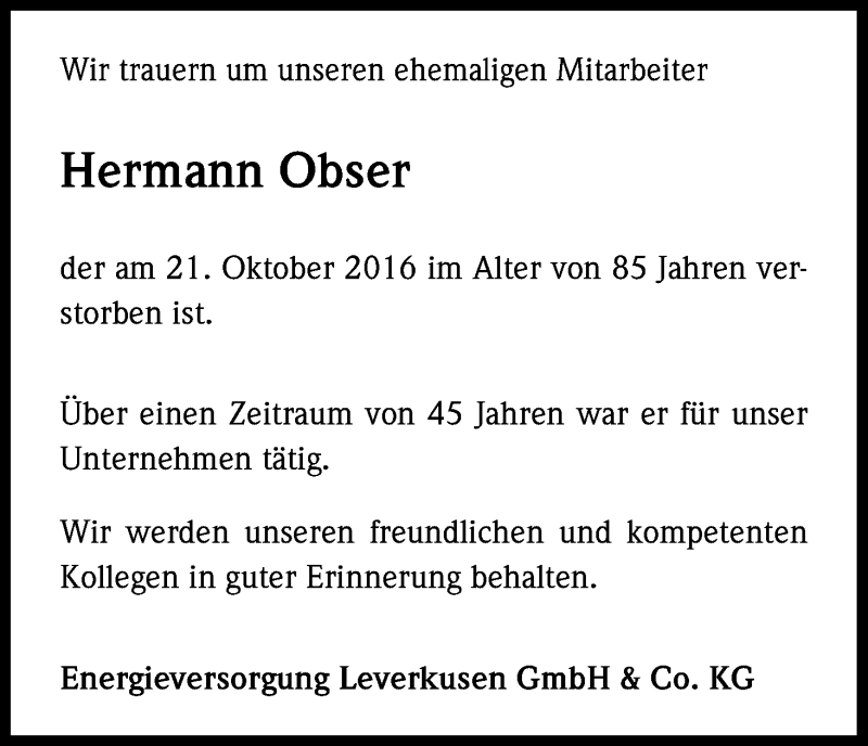  Traueranzeige für Hermann Obser vom 27.10.2016 aus Kölner Stadt-Anzeiger / Kölnische Rundschau / Express