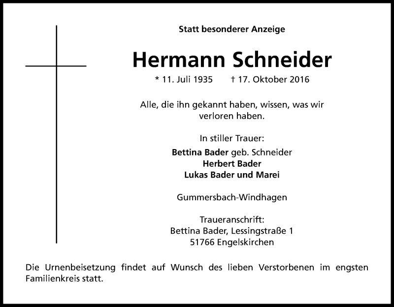  Traueranzeige für Hermann Schneider vom 21.10.2016 aus Kölner Stadt-Anzeiger / Kölnische Rundschau / Express