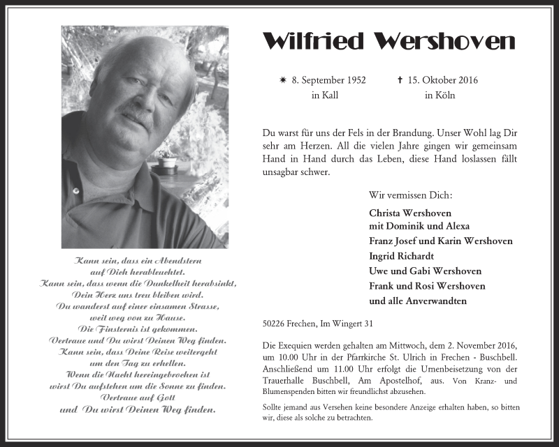  Traueranzeige für Wilfried Wershoven vom 26.10.2016 aus  Wochenende 
