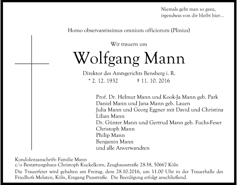  Traueranzeige für Wolfgang Mann vom 22.10.2016 aus Kölner Stadt-Anzeiger / Kölnische Rundschau / Express