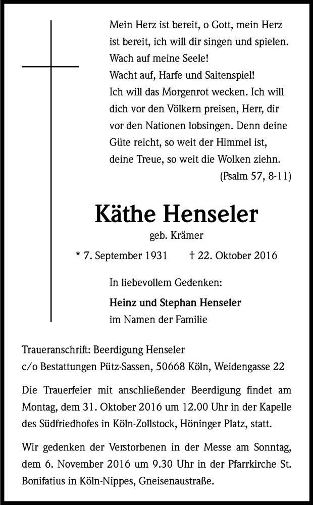  Traueranzeige für Käthe Henseler vom 27.10.2016 aus Kölner Stadt-Anzeiger / Kölnische Rundschau / Express