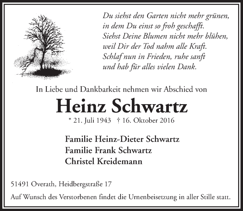  Traueranzeige für Heinz Schwartz vom 26.10.2016 aus  Bergisches Handelsblatt 