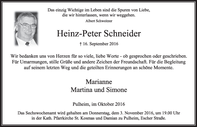  Traueranzeige für Heinz-Peter Schneider vom 22.10.2016 aus  Sonntags-Post 