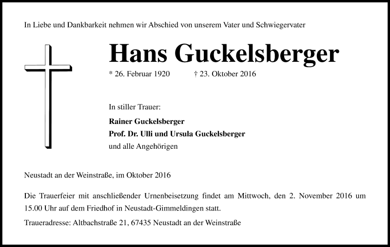  Traueranzeige für Hans Guckelsberger vom 27.10.2016 aus Kölner Stadt-Anzeiger / Kölnische Rundschau / Express