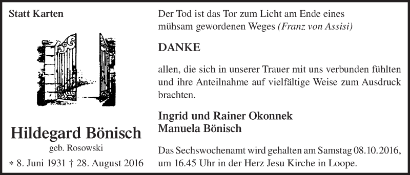  Traueranzeige für Hildegard Bönisch vom 05.10.2016 aus  Anzeigen Echo 