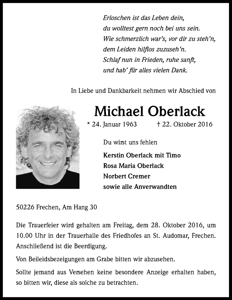  Traueranzeige für Michael Oberlack vom 26.10.2016 aus Kölner Stadt-Anzeiger / Kölnische Rundschau / Express