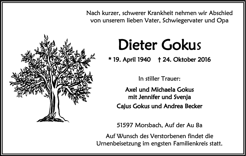  Traueranzeige für Dieter Gokus vom 27.10.2016 aus Kölner Stadt-Anzeiger / Kölnische Rundschau / Express