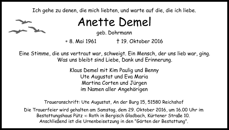  Traueranzeige für Anette Demel vom 24.10.2016 aus Kölner Stadt-Anzeiger / Kölnische Rundschau / Express