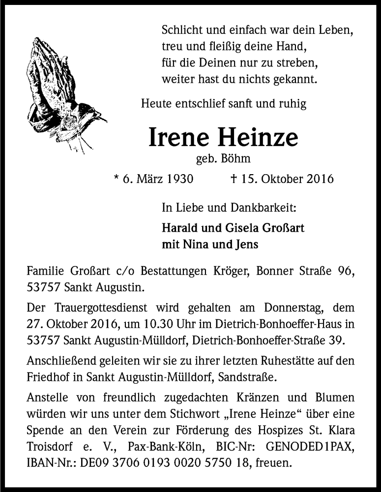  Traueranzeige für Irene Heinze vom 21.10.2016 aus Kölner Stadt-Anzeiger / Kölnische Rundschau / Express